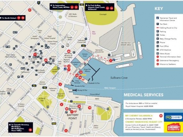 Map showing the area around Hobart port